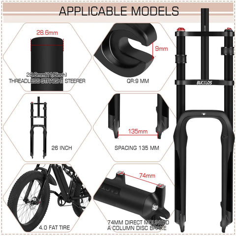 26 Inch Fat Tire Electric Bike Front Fork With Air Suspension, 180mm Travel, 135mm Hub Spacing, detail view diagram.