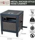 NeverLeak Hose Reel Cabinet With 100 Ft Capacity, Decorative Wicker Look, Auto Track Rewind, Black Metal Outdoor Hose Storage Box