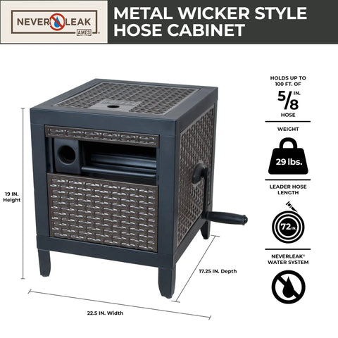 NeverLeak Hose Reel Cabinet With 100 Ft Capacity, Decorative Wicker Look, Auto Track Rewind, Black Metal Outdoor Hose Storage Box