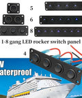 8 Gang Round Rocker Switch Panel With LED Indicator For 12V To 24V DC Aluminum Waterproof Panel Box shown in multiple configurations