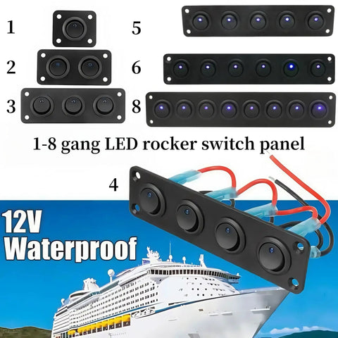8 Gang Round Rocker Switch Panel With LED Indicator For 12V To 24V DC Aluminum Waterproof Panel Box shown in multiple configurations