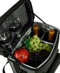 Super Chill Personalized Monogrammed Wine And Cheese Picnic Basket Cooler with wine bottles, glasses, and fruits inside.