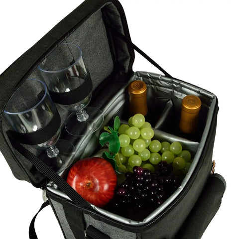 Super Chill Personalized Monogrammed Wine And Cheese Picnic Basket Cooler with wine bottles, glasses, and fruits inside.