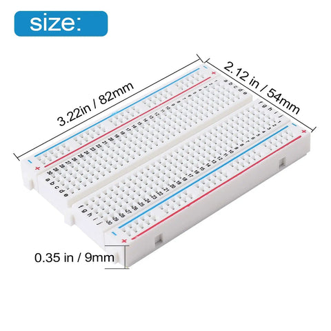 Detailed view of single breadboard with dimensions from Six-Piece 400-Pin Solderless Breadboard Set For DIY Prototyping