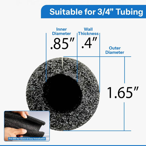 Cross-section of 12 Pack Foam Insulated Pipe Covers, 3 Feet Long Each, Pre-Slit For Quick Easy Install On Copper One-Half Inch, Iron Three-Eighths Inch And PVC Pipes, Keeps Pipes Warm In Cold Weather And Cuts Heat Loss, showing dimensions for 3/4 inch tubing suitability.