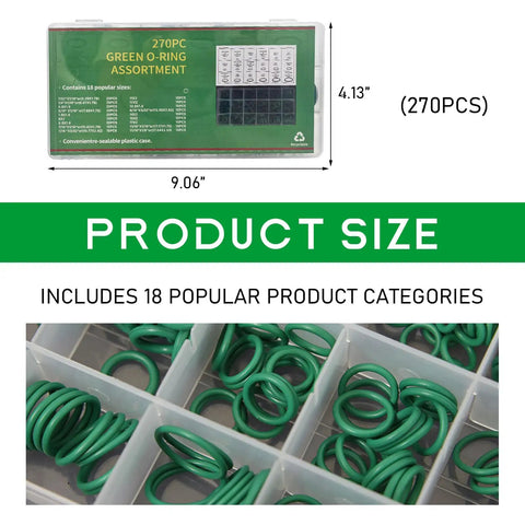 270 Piece Car AC O Ring Kit With 18 Sizes Copper Seals for auto air conditioning repair in storage box, 270 pcs labeled compartments