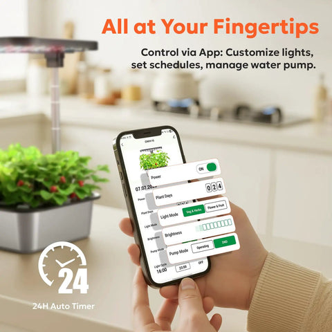 Smartphone app controlling Indoor Hydroponics Growing System Kit With 15 Pods, 36W Full Spectrum LED Grow Light, in kitchen setting