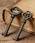 Heavy Duty Solid Brass Skeleton Keys With Antique Finish Plus Two Classic Barrel Designs And Durable Key Rings For Fixing Vintage Door Locks And Adding Dope Retro Decor To Your Home on wooden surface.