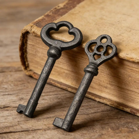 Heavy Duty Solid Brass Skeleton Keys With Antique Finish Plus Two Classic Barrel Designs And Durable Key Rings For Fixing Vintage Door Locks And Adding Dope Retro Decor To Your Home on wooden surface.