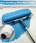 Pro Grade 18 Inch Microfiber Paint Roller Kit With Adjustable Extension Pole And Rolling Tray For Fast Interior Exterior Wall And Ceiling Jobs Medium Nap Polyester 6 Pack showing non-shedding blue roller with 18mm pile.