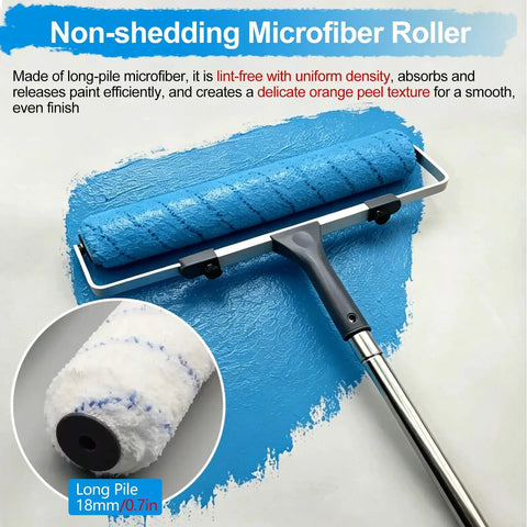 Top Shelf 18 Inch Paint Roller Kit For Walls Ceilings Concrete And Decks With Non Shedding Microfiber Sleeve close-up of blue roller