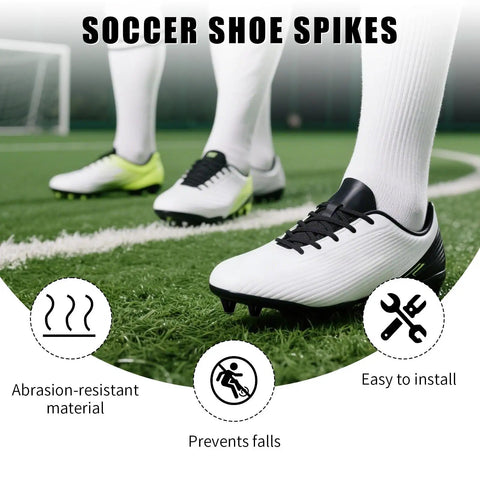 Close-up of soccer shoe spikes on grass for firm surfaces, 12 Pack Football Boot Studs 0.51 Inch And 0.63 Inch Plastic Soccer Cleats Replacement Spikes With Nail Remover For Firm Surfaces Outdoor Training Rugby.