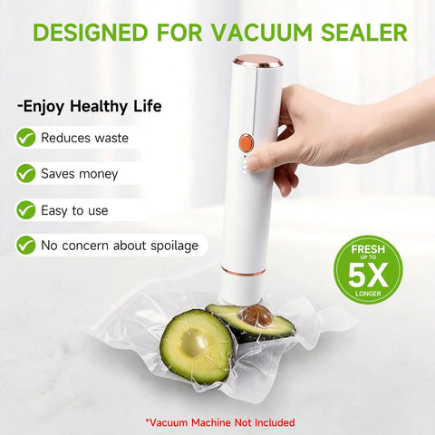Using Reusable BPA Free Vacuum Sealer Bags For Food, 30 Count with handheld sealer on sliced avocado, sous vide safe
