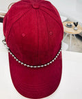 Detachable Pearl Hat Chains For Trucker Hats And Mesh Baseball Caps with metal beads on red cap