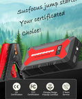 Sucfocus jump starter with USB ports and LED light, red and black design, shown with certification icons in a natural setting.