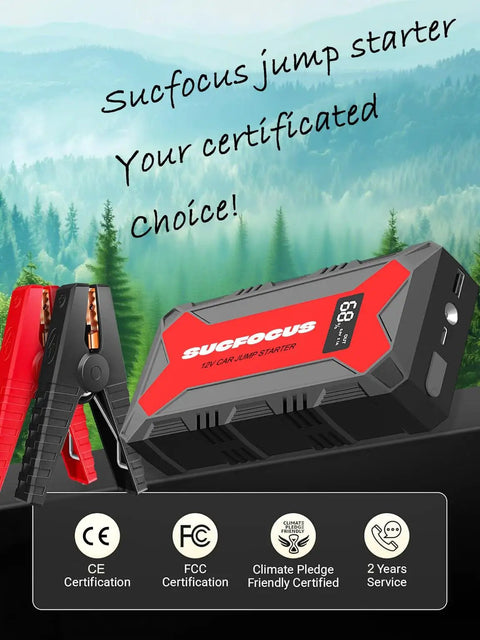 Sucfocus jump starter with USB ports and LED light, red and black design, shown with certification icons in a natural setting.