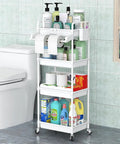 Do It All Rolling Four Tier Storage Cart With Removable Towel Rack For Bathroom Kitchen Laundry Room Office On Wheels Locking Wheels Hooks And Cup Holders Mobile Shelving Unit In White Space Saving Utility Cart For Easy Organization stocked with bathroom essentials by a toilet