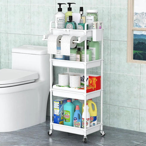 Do It All Rolling Four Tier Storage Cart With Removable Towel Rack For Bathroom Kitchen Laundry Room Office On Wheels Locking Wheels Hooks And Cup Holders Mobile Shelving Unit In White Space Saving Utility Cart For Easy Organization stocked with bathroom essentials by a toilet