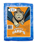 6x8 foot Grizzly Tarp packaging showing bear logo, waterproof poly tarp with 5 mil thickness and 8x8 weave