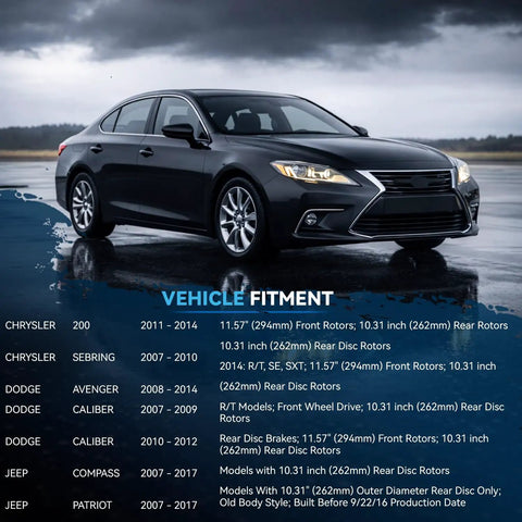 Black sedan with vehicle fitment chart for Brake Kit With Front 11.57 Inch Rotors And Rear 10.31 Inch Rotors For 5 Lug Dodge Avenger Caliber Jeep Patriot Compass Chrysler 200 Sebring With Ceramic Brake Pads Front And Rear.
