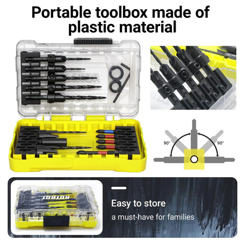 18 Piece Countersink Drill Bit Set With HSS Tapered Bits And Wood Plug Cutters in plastic storage box