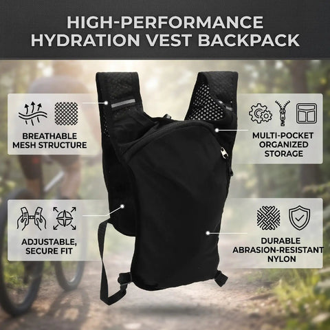 Hydration Vest Pack With Breathable Nylon Water Bladder Compatible Adjustable Chest Straps Multiple Pockets Lightweight Black