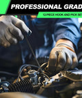 Mechanic using 12-Piece Pick And Hook Tools Set With Long And Mini Picks for auto repair in engine bay, wearing gloves