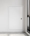 Rock Solid Aluminum Drywall Access Panel With No Sweat Security Lock For Smooth Flush Mount Custom Fit White 100 By 100 Centimeter Wall Hatch Cover in a modern room.