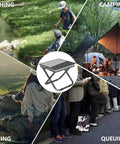 Ultralight Collapsible Stool For Camping And Travel Grab And Go Portable Chair Handbag Style Pocket Foldable Seat showcased in four outdoor settings: fishing, camping, hiking, and queuing.