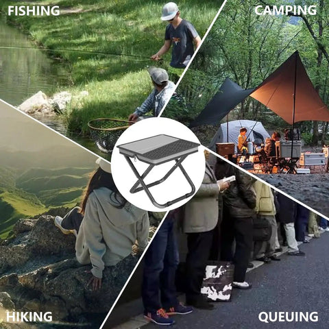 Ultralight Collapsible Stool For Camping And Travel Grab And Go Portable Chair Handbag Style Pocket Foldable Seat showcased in four outdoor settings: fishing, camping, hiking, and queuing.