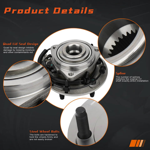Heavy Duty Front Wheel Hub And Bearing Assembly For Jeep Commander And Grand Cherokee 2005 To 2010, 5-Lug, Driver Or Passenger Side, With ABS, Durability And Smooth, Quiet Ride product details with quad lid seal, spline, and wheel bolts.