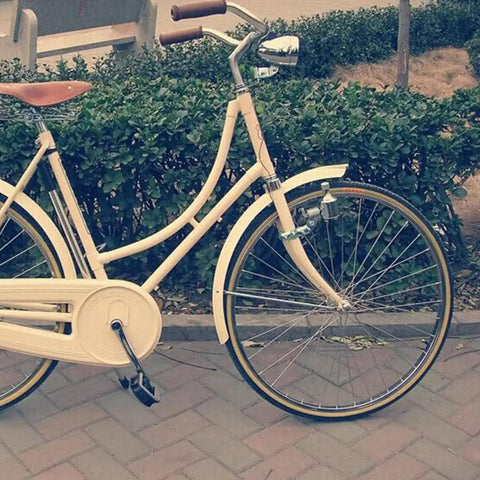 Vintage bicycle with Old School 3 LED Bicycle Front Light With Bracket, parked on brick path in front of bushes.