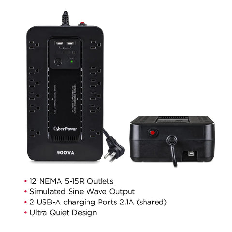 Ultimate Standby UPS System For Home Office And Gaming, A Go To 900VA 500W Backup Power With 12 Outlets, Surge Protected And 2 USB Charging Ports, Compact Black, Simulated Sine Wave For Computers Routers Consoles