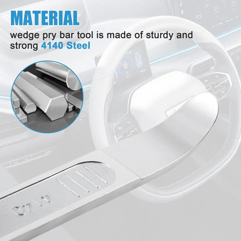 Heavy Duty Pry Bar Trim Removal Tool Set For Auto Interiors And Exterior Panels, made from 4140 steel in a vehicle dashboard.