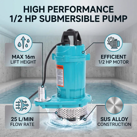 Badass Half Horsepower Stainless Steel Submersible Water Pump With Rock Solid Rust Resistant Build For Fast Crawl Space And Sump Drainage 25 Liters Per Minute Flow 110 Volt Portable Design For Basement Flooding placed in water with marked specs.