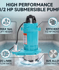 Rock Solid Half Horsepower Submersible Pump Forged From Durable Stainless Steel Featuring A Silently Running Motor And Standard Us Plug For Easy Home Projects in a pool setting.