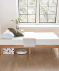 Queen Platform Bed Frame Low Profile Solid Pine Wood Rock Solid Heavy Duty 1000 Pound Capacity Noise Free Wooden Slats, with bedding.