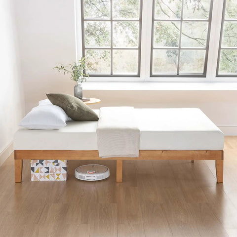 Queen Platform Bed Frame Low Profile Solid Pine Wood Rock Solid Heavy Duty 1000 Pound Capacity Noise Free Wooden Slats, with bedding.