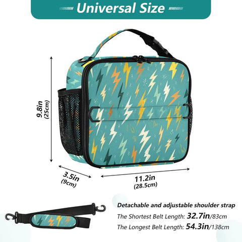 Lightning Bolt Insulated Lunch Bag For Kids And Adults Portable Cooler Tote With Shoulder Strap High Grade Polyester Thermal Retention Aluminum Lining Spacious Main Compartment And Side Mesh Pockets Ideal For School Office Travel. 11.2in lunch bag with strap