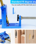 Pocket Hole Jig Kit With Adjustable Drill Guide And Stop Collars, showing 15-degree angle setup and use on wood.