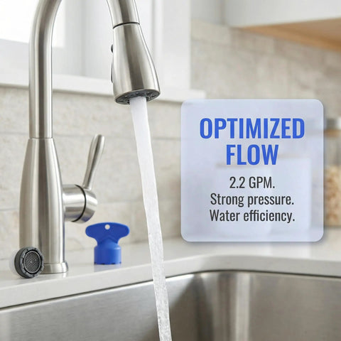 Stream of water flowing from a faucet featuring Two Pack Faucet Aerator Replacement For RP53998 Comes With Removal Wrench M21.5 Thread And 2.2 Gpm Water Flow Control.