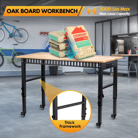 Heavy Duty 48 Inch Height Adjustable Workbench With Wheels And Socket 2000 Lbs Load Capacity Rubber Wood Top in garage