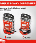 Premium Tempered SK2M Utility Blades 100 Pack With Dual Dispenser featuring options for one or five blade access