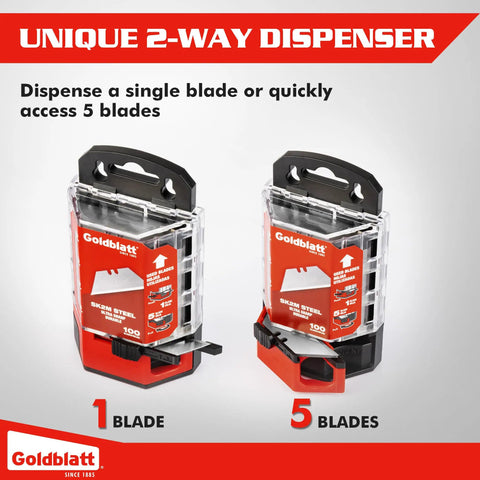 Premium Tempered SK2M Utility Blades 100 Pack With Dual Dispenser featuring options for one or five blade access