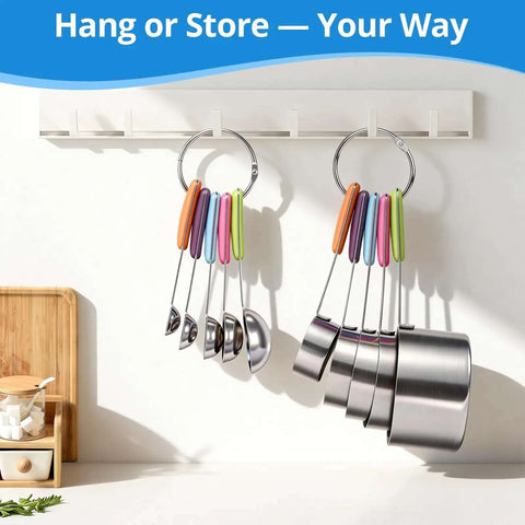 Stainless Steel Measuring Cups And Spoons Set 10 Piece For Cooking And Baking Includes 5 Cups And 5 Spoons With Colorful Handles Hanging