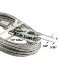 Extension Spring Cable Set For Garage Doors 1/8 In X 13-1/2 Ft Galvanized Carbon Steel Aircraft Cable With 3/8 In Hole End Clips And 5/16 In Slot Designed For Phoenix Doors Heavy Duty Kit, coiled cable with visible end clips showing 1/8 inch cable diameter, 3/8 inch hole, and 5/16 inch slot.