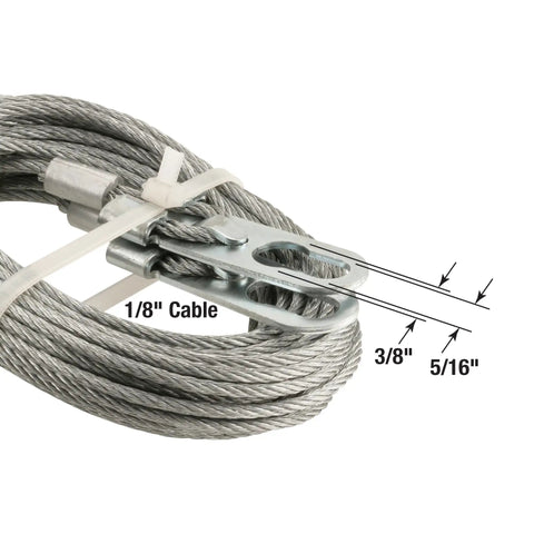 Extension Spring Cable Set For Garage Doors 1/8 In X 13-1/2 Ft Galvanized Carbon Steel Aircraft Cable With 3/8 In Hole End Clips And 5/16 In Slot Designed For Phoenix Doors Heavy Duty Kit, coiled cable with visible end clips showing 1/8 inch cable diameter, 3/8 inch hole, and 5/16 inch slot.