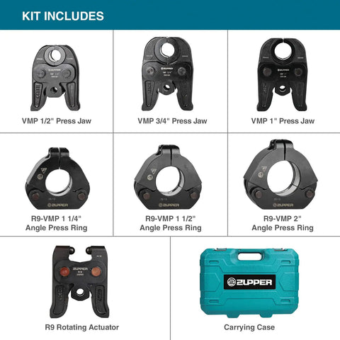 Half To Two Inch Pro Grade MegaPress Jaws Kit With Carrying Case For Carbon Steel Pipes, includes VMP jaws, R9 rings, actuator.