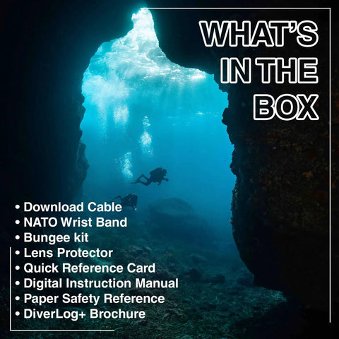 Underwater scene with divers, I770R Dive Computer With USB And Bluetooth box contents listed: cables, bands, manuals, accessories.