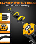 Two Handed Heavy Duty Rivet Gun Kit With 250 Blind Rivets And Five Free Interchangeable Heads 1/4 In 3/16 In 1/8 In 3/32 In Pop Riveter For Metal Auto Gutters Projects modular detachable design features steel jaws and non-slip grip handle